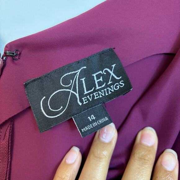 Alex Evenings Compression Dress Size 14 Ruffle Skirt Beaded Detail Wine Cocktail - Picture 10 of 14